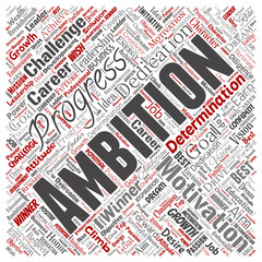 Vector conceptual leadership ambition or motivation square red successful character word cloud isolated background. Collage of business growth challenge, positive dream inspiration goal concept design