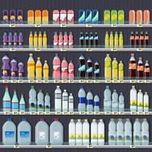 Carbonated Drinks And Water Prices, Standing On The Shelf.