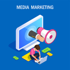 Poster - Media marketing vector isometric concept. Megaphone in hand out computer screen.