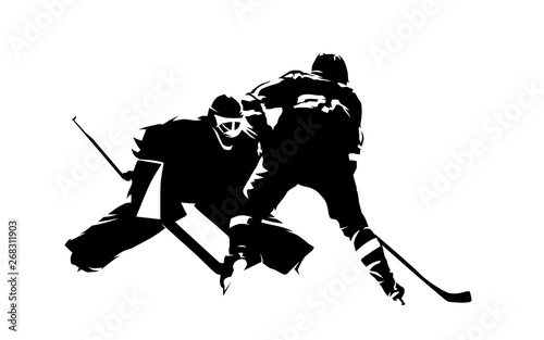 Cuadros en Lienzo Ice hockey player shoots puck, goalie makes save, abstract isolated vector silho