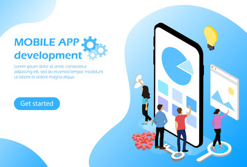 Aufkleber - Mobile application development. Concept with characters and phone. Get started. Isometric illustration.
