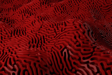 Poster - 3d render plastic background with reflections. Displacement surface. Random patterns extruded from the wavy shape.