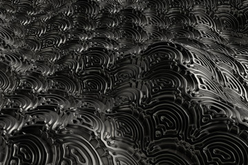 Poster - 3d render metall background with reflections. Displacement surface. Random patterns extruded from the wavy shape.