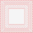White lacy square doily isolated on a pink background. Openwork lace frame towel mat.