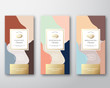 Coffee, Cocoa and Pistachio Chocolate Labels Set. Abstract Vector Packaging Design Layout with Soft Realistic Shadows. Modern Typography, Hand Drawn Beans and Nut Silhouettes and Colorful Background.