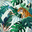 Exotic seamless pattern. Tropical leaves and tiger. Vector illustration