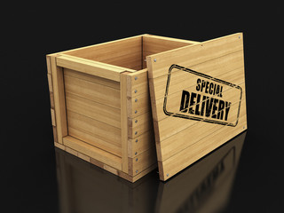 Poster - Wooden crate with stamp Special Delivery. Image with clipping path