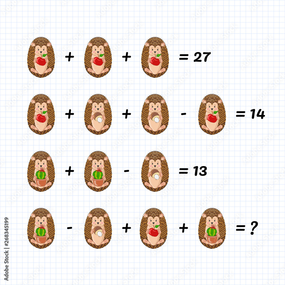 Mathematical Addition Subtraction Puzzle with hedgehogs System of Mathematical Addition Subtraction Puzzle with hedgehogs System of