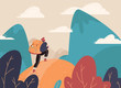 Traveler with a backpack, bangs with a backpack standing on a mountain peak and looking at the landscape in the distance. Concept of adventure tourism, travel, nature research and nature walks. Vector