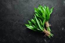Fresh Wild Garlic Leaves On Black Background. Wild Leek. Top View. Free Space For Your Text.