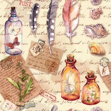 Vintage Old Pages With Handwritten Notes, Collections. Feathers, Seashells, Glass Bottles With Butterflies, Flowers, Post Stamps For Scrapbooking. Repeating Background. Watercolor