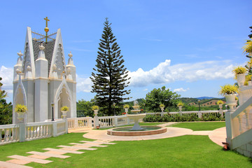 Nakhon Ratchasima, Thailand - May 10, 2019: Outdoor around the church of the Blessed Nicholas Bunkerd Kitbamrung Church Through the Archways in Khao Yai.