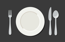Utensil In Flat Style. Illustration With Plate, Knife, Fork And Spoon