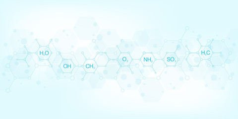 Abstract chemistry pattern on dark blue background with chemical formulas and molecular structures. Science and innovation technology concept.