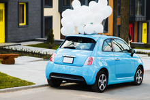 Blue Car With White Ballons. Wedding, Birthday, Party Style Concept