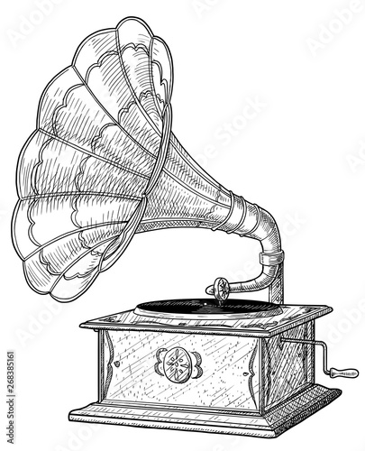 Fotografía Gramophone illustration, drawing, engraving, ink, line art, vector