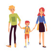 Mom and dad or parents lead his son to school flat vector illustration isolated.