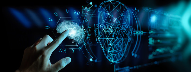 Leinwandbilder - Artificial intelligence (AI) with machine deep learning and data mining and another modern computer technologies UI by hand touching low poly icon.