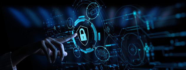 Leinwandbilder - Data protection Cyber Security Privacy Business with Woman hand pointing with UI.Internet Technology Concept.