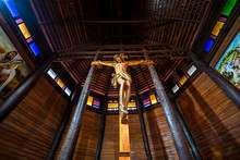 YASOTHON, THAILAND - APRIL 1, 2019 : The Largest Wooden Christian Church In Thailand And Up To 100 Years Old, Ban Song Yaeng Church, Yasothon Province, Built In Thai Style..