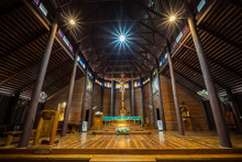 YASOTHON, THAILAND - APRIL 1, 2019 : The Largest Wooden Christian Church In Thailand And Up To 100 Years Old, Ban Song Yaeng Church, Yasothon Province, Built In Thai Style..