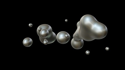 Poster - 3D illustration of a plurality of drops of mercury in zero gravity, in space coalesce and disintegrate. The idea of unity, harmony and disorder. ZD rendering, futuristic background.