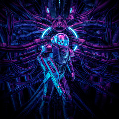 Wall Mural - guardian of the temple / 3d illustration of science fiction scene showing evil skull faced astronaut