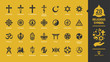 Religious symbol icon set on a yellow background with christian cross, islam crescent and star, judaism star of david, buddhism wheel of dharma, rastafari lion religion glyph sign.