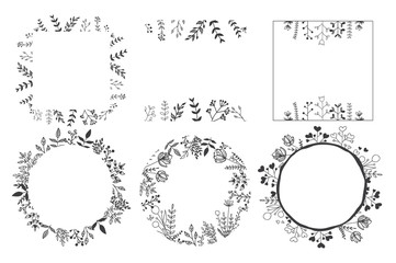 Wall Mural - Hand Drawn Set of Floral Frames. Square and Round Frames with herbs and leafs