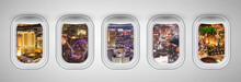 Las Vegas Night Aerial Skyline As Seen Through Five Aircraft Windows. Holiday And Travel Concept