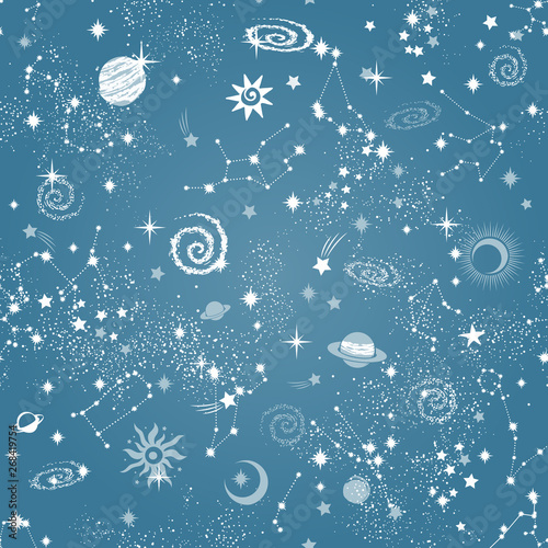 Cotton fabric Space Galaxy constellation seamless pattern print could be used for textile, zodiac star yoga mat, phone case