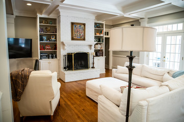 Wall Mural - Large Living Room Den in Home with Vaulted Tray Ceiling and bookshelves