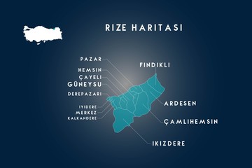 Wall Mural - Rize districts Cayeli, Ardesen, Pazar, Findikli, Guneysu, Kalkandere, iyidere, Derepazari, Camlihemsin, ikizdere, Hemsin map, Turkey