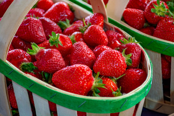 Fresh ripe sweet French strawberry in wooden basket.