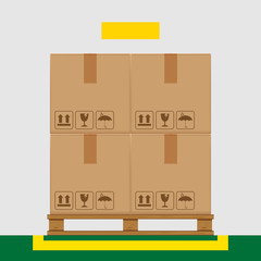 Wall Mural - crate boxes on wooded pallet and yellow marking area for products arrangement concept, stack cardboard box in factory warehouse storage, cardboard parcel boxes packaging cargo brown isolated on grey