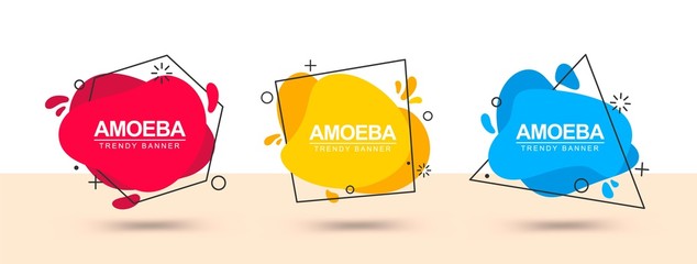 Poster - Set of trendy abstract banners. Flat banners of geometric shapes in different colors with a black outline in the style of a memphis design. Ready template for use in web, ad and print design.