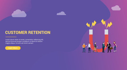 Poster - customer retention concept with big words and team people for website design page or landing homepage banner - vector