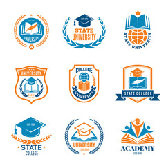 Poster - University badges. School business identity quality emblem college vector logo. Illustration of college and university emblem, badge with shield