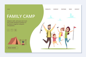 Canvas Print - Family camp landing page. Vector happy cartoon family, adventure time banner. Illustration of page landing with happy summer vacation family