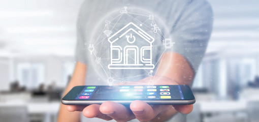 Poster - businessman holding smart home interface with icon, stats and data 3d rendering