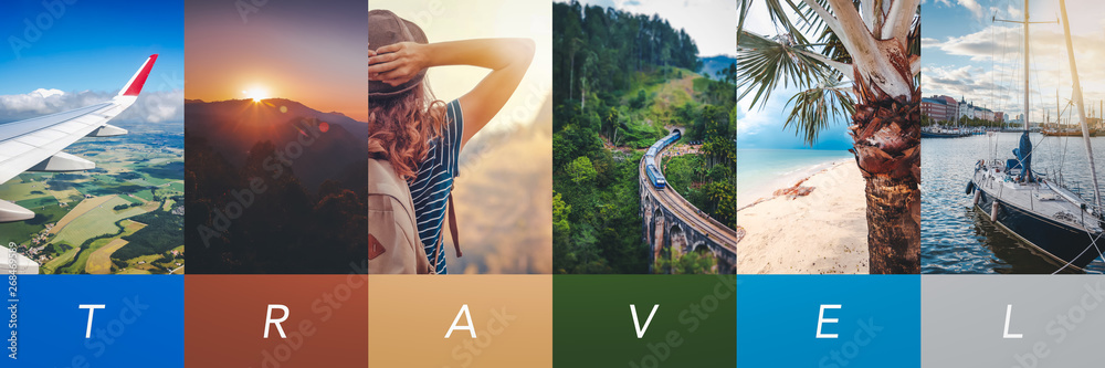 Travel concept background. Summer concept.  Header format with copyspace, vertical stories - obrazy, fototapety, plakaty 
