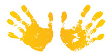 Hand Paint Print Set, Isolated White Background. Yellow Human Palm, Fingers. Abstract Art Design, Symbol Identity People. Silhouette Child, Kid, People Handprint. Grunge Texture. Vector Illustration