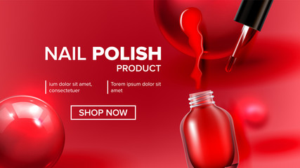 Poster - Red Nail Polish Product Vial Landing Page Vector. Glassy Bottle, Tassel, Bright Blot And Balls Depicted On Woman Nail Fashion Cosmetic Website Or Web Page. Realistic 3d Illustration