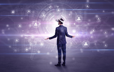 manager with vr headset and social network research concept