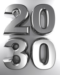 Poster - 2030 in metallic chrome 3D letters - 3D rendering