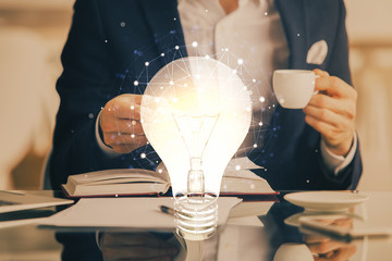 Poster - Innovative your business. Idea concept icon on writing man's hand background. Multi exposure.