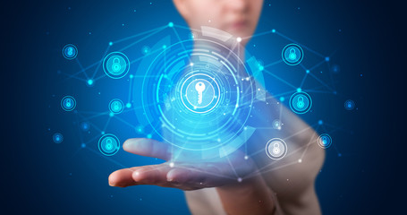 Poster - Young person holding hologram screen displaying security infomartions
