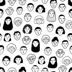 Seamless pattern with faces of different people on white background.