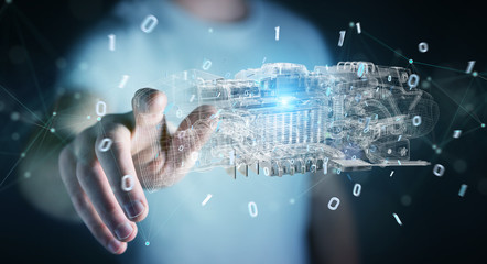 Poster - businessman using wireframe holographic 3d digital projection of an engine