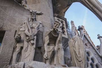 Wall Mural - BARCELONA, SPAIN - APRIL 15, 2019: Sagrada Familia basilica in Barcelona. The Antoni Gaudi masterpiece has become a UNESCO World Heritage Site in 1984